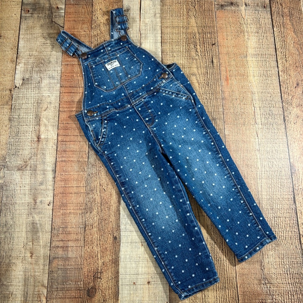 OshKosh B'gosh 3T Blue Polka Dot Cotton Denim Overalls Adjustable Bib Jeans
